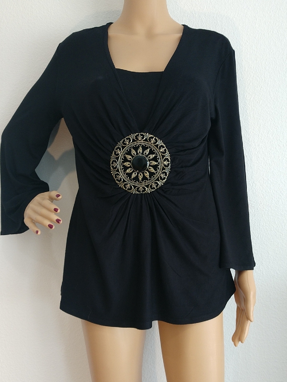 Grace Elements Black Long-Sleeve Tunic with Gold Medallion